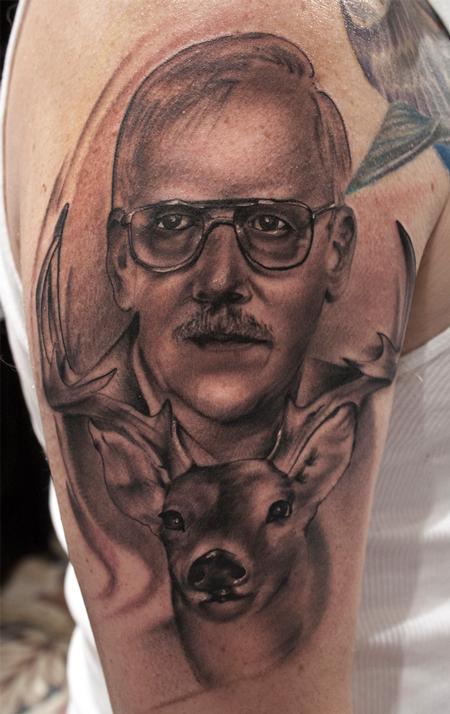Ryan Mullins - black and gray realistic portrait with deer tattoo, Ryan Mullins Art Junkies Tattoo